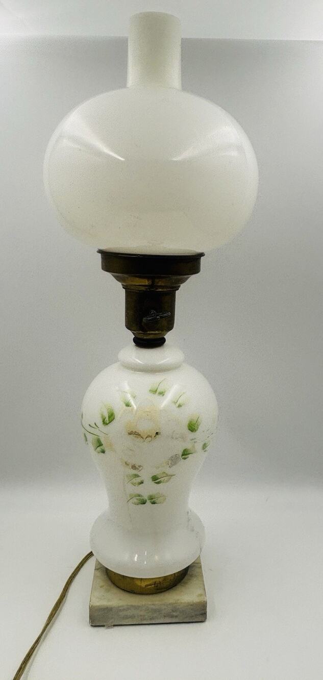 Vintage Milk Glass Hurricane Table Lamp Floral Blue Stripe Gone With The Wind